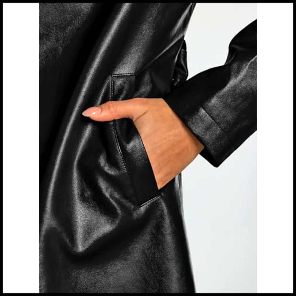 Faux Leather Trench Coat Classic Elegant Open Front Belted Long Jacket - Picture 6 of 6